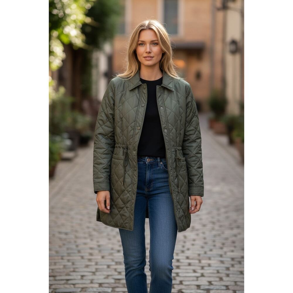 Treasure & Bond Olive Quilted Jacket Coat Snap Cuffs Lightweight‎ Medium